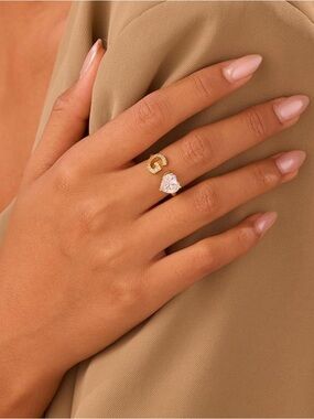 Gold Open Heart Crystal Letter “G” Ring - Women Jewelry